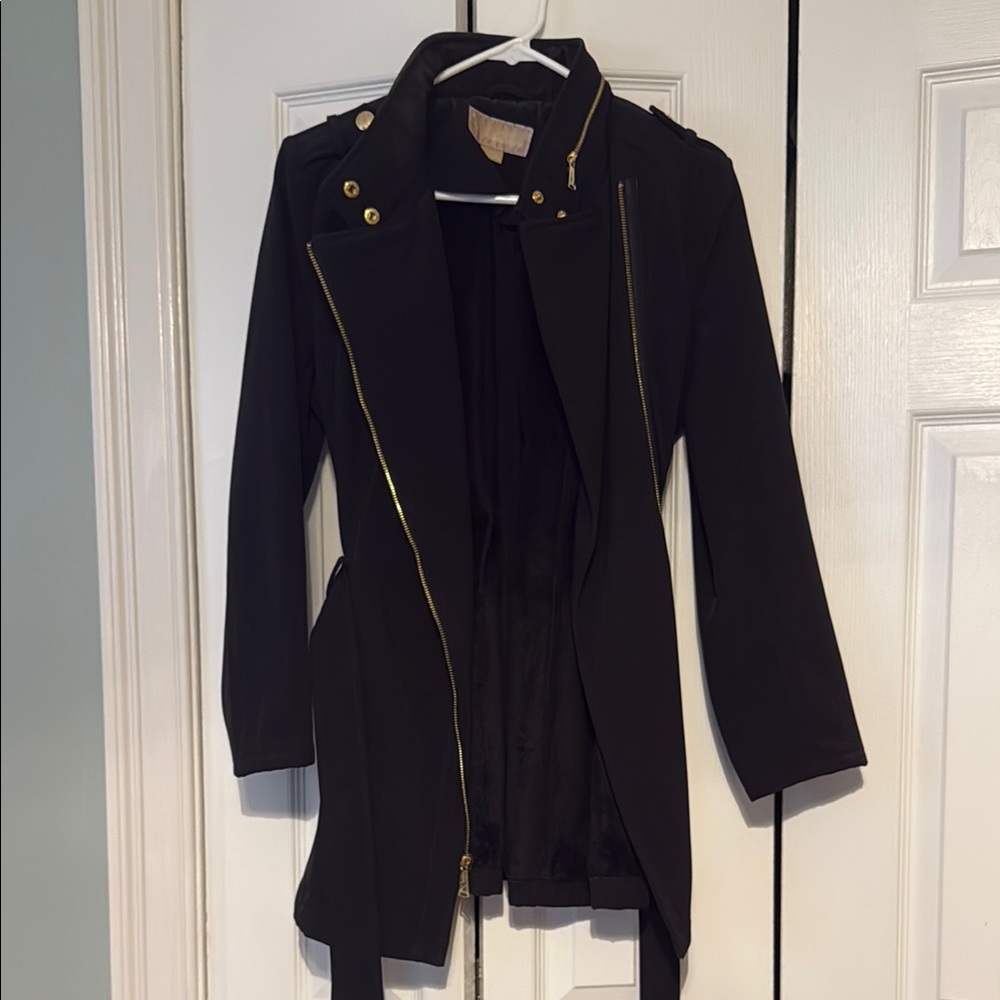 MICHAEL Michael Kors Black and Gold Trench Coat with Asymmetrical Zipper